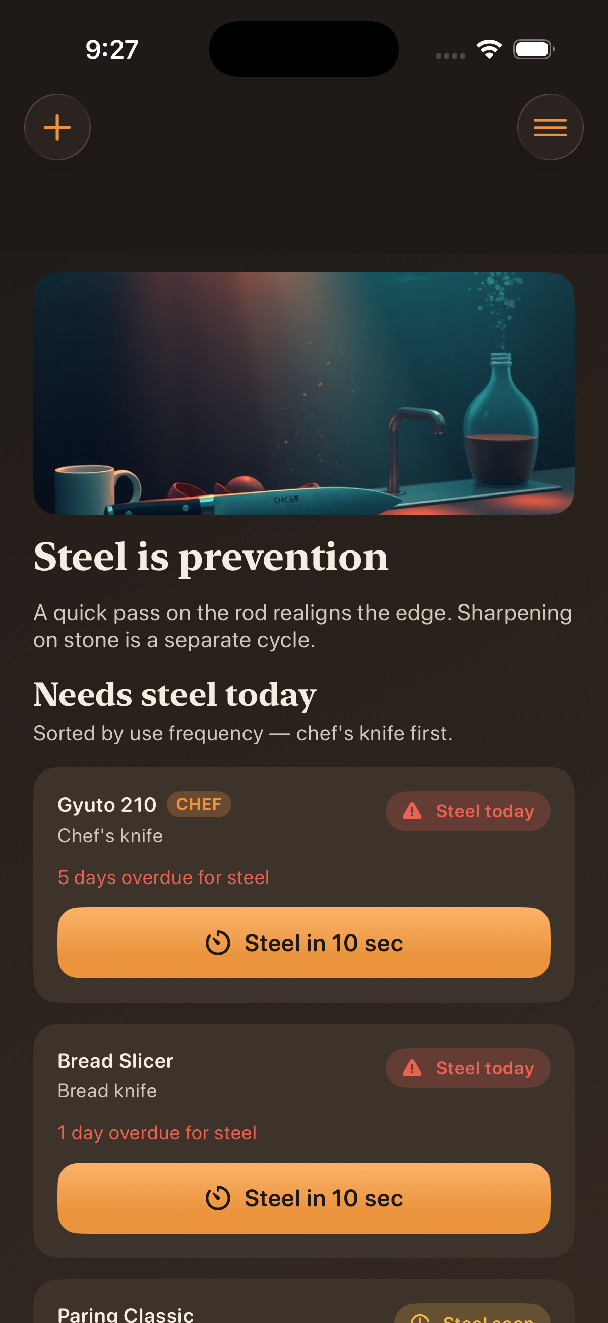 Today screen with overdue knives
