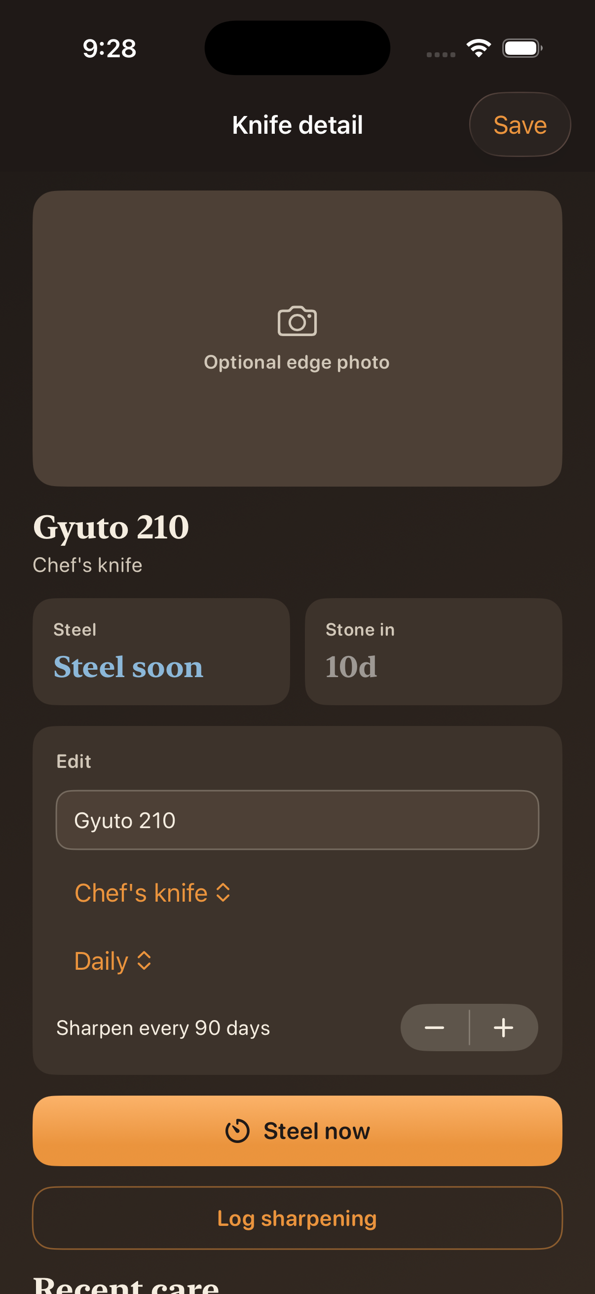 Knife detail and settings